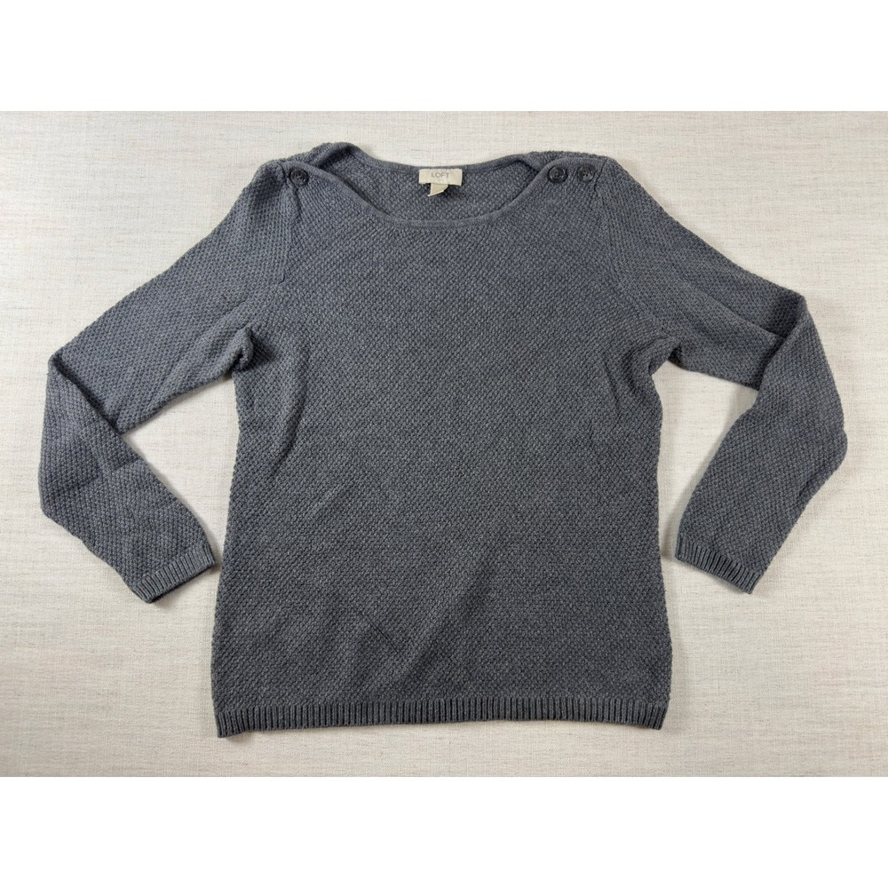 Loft Ann Taylor Gray Popcorn Knit Boat Neck Button Shoulder Sweater Large